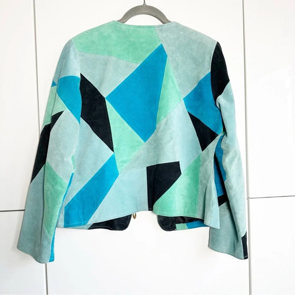 Vintage Y2K Karen Arnold Suede Jacket Blue Green Patchwork Size Medium Zip Front - Picture 5 of 8
